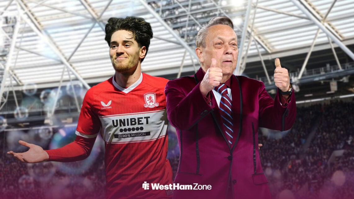 Hayden Hackney smiling after scoring against QPR for Middlesbrough while he stands next to West Ham owner David Sullivan in front of the London Sta...