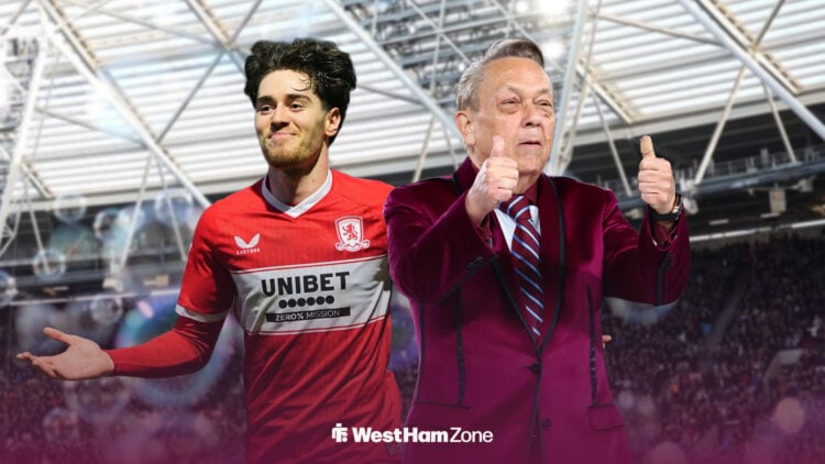 Hayden Hackney smiling after scoring against QPR for Middlesbrough while he stands next to West Ham owner David Sullivan in front of the London Sta...