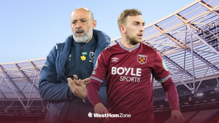 A stressed Nuno Espirito Santo and an image of Jarrod Bowen running during a match, against a London Stadium backdrop