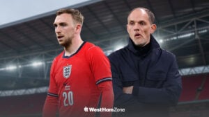 Jarrod Bowen in action for England, with Thomas Tuchel alongside him