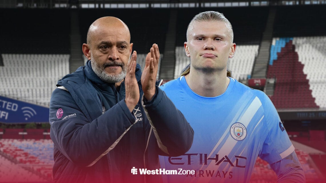 West Ham manager Nuno Espirito Santo looking happy outside the London Stadium as Manchester City striker Erling Haaland stands next to him.