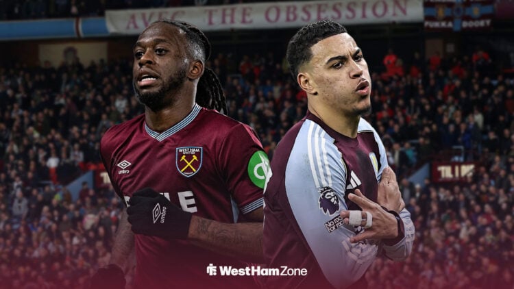 Aaron Wan-Bissaka in a West Ham shirt next to a happy Aston Villa forward Morgan Rogers. Both are inside of Villa Park.