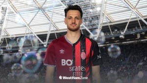 Federico Gatti in West Ham and AC Milan shirt at London Stadium