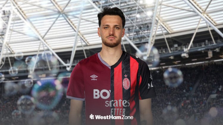 Federico Gatti in West Ham and AC Milan shirt at London Stadium