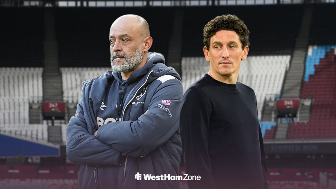 Nno Espirito Santo and Keith Andrews stood alongside each other at London Stadium.