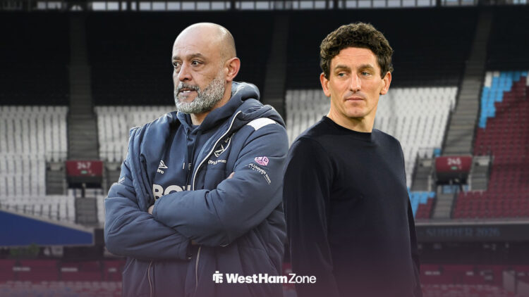 Nno Espirito Santo and Keith Andrews stood alongside each other at London Stadium.