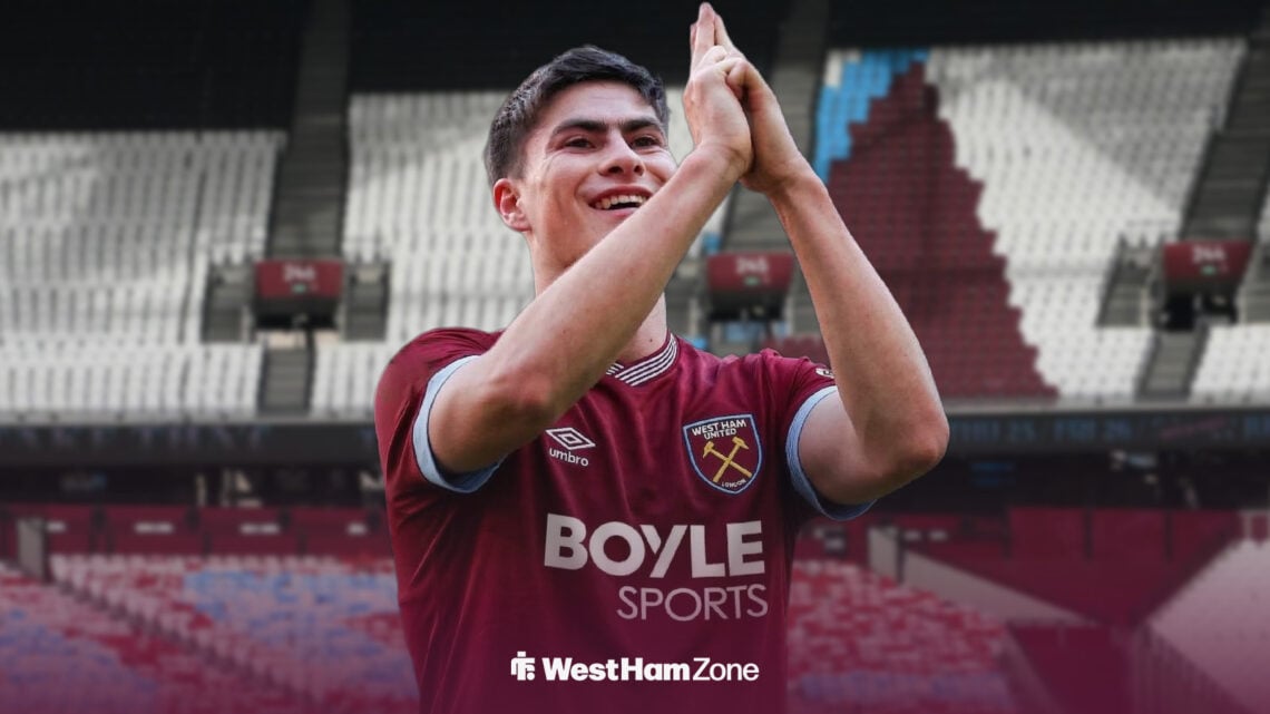 Armando Gonzalez mocked up in a West Ham shirt, against a London Stadium background
