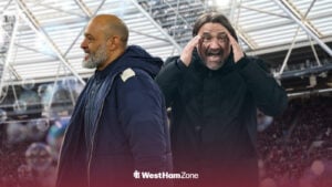 Nuno Espirito Santo looking happy with Daniel Farke being upset at London Stadium