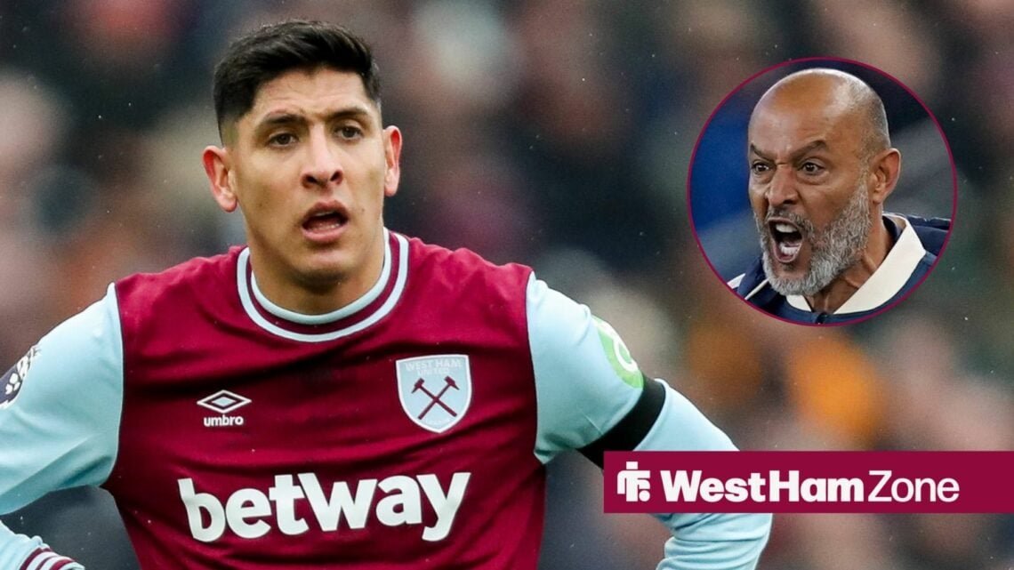Edson Alvarez looks dejected during a West Ham match, alongside a circular inset of a shouting Nuno Espirito Santo (right)