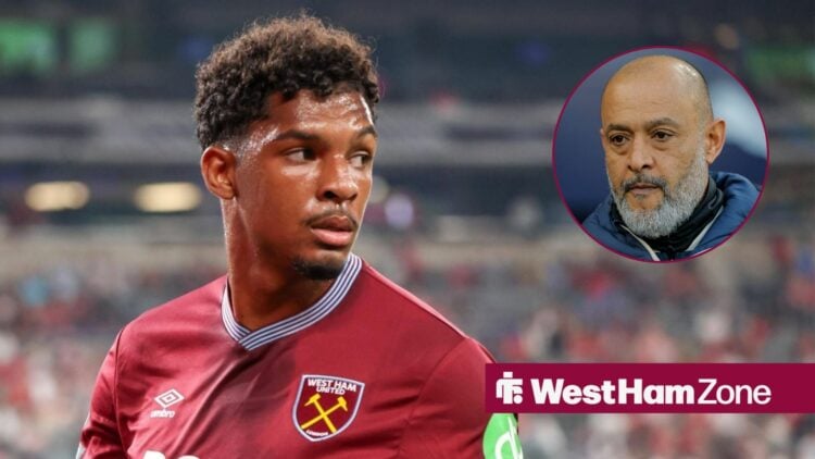 Luis Guilherme looks concerned during a West Ham match, alongside a circular inset of a worried Nuno Espirito Santo (right)