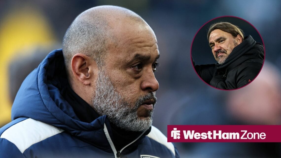 Nuno Espirito Santo looking gloomy as Daniel Farke smiles in circular inset