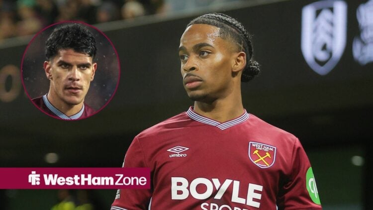 Crysencio Summerville playing for West Ham with circular inset of Mateus Fernandes