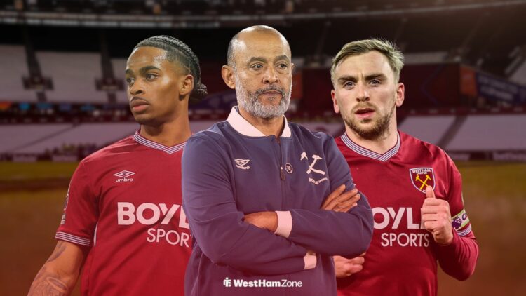 Nuno Espirito Santo, Crysencio Summerville and Jarrod Bowen at the London Stadium