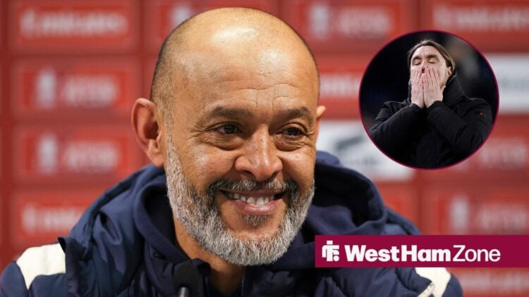 Nuno Espirito Santo smiling with Daniel Farke looking frustrated in circular inset