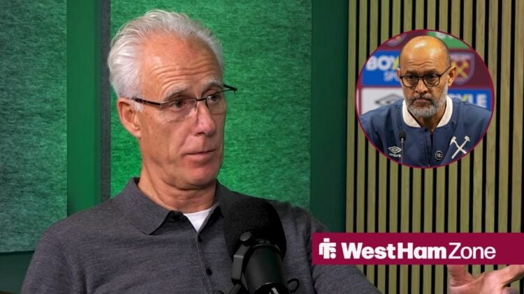 Mick McCarthy looks on during his podcast with Nuno Espirito Santo in circular inset