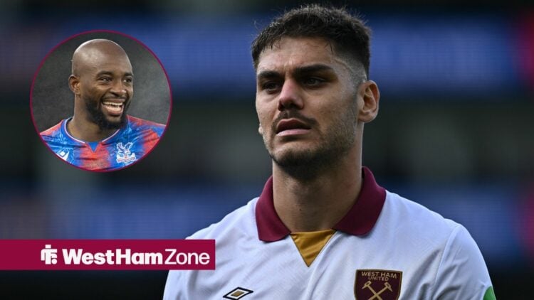 Konstantinos Mavropanos in action for West Ham with Jean-Phillipe Mateta in circular inset