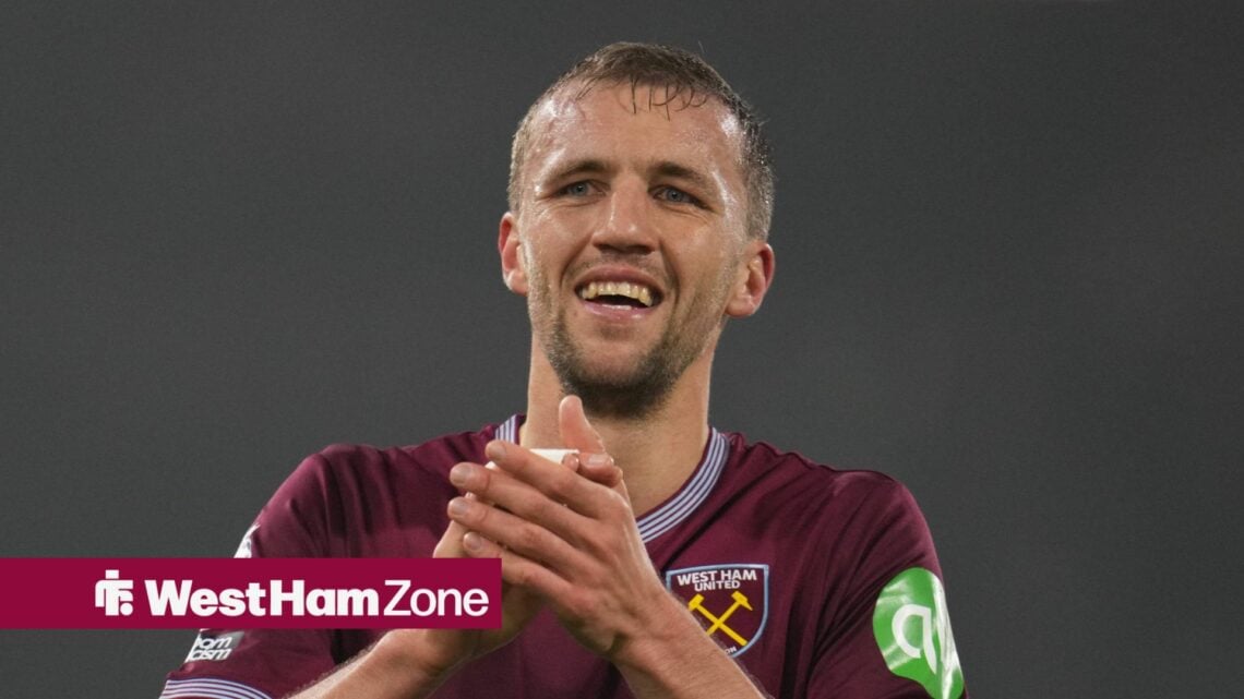 Tomas Soucek smiling while playing for West Ham