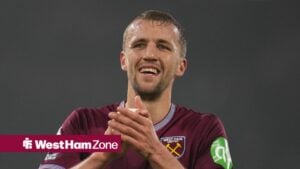 Tomas Soucek smiling while playing for West Ham