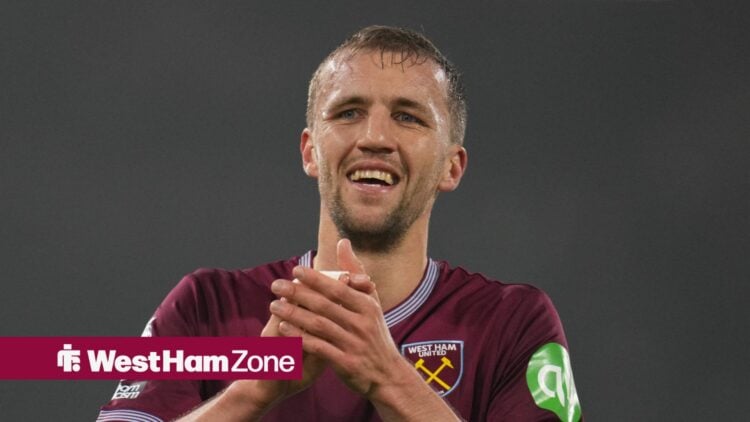 Tomas Soucek smiling while playing for West Ham