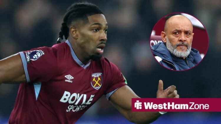 Adama Traore playing for West Ham looking towards a circle inset of Nuno Espirito Santo looking annoyed