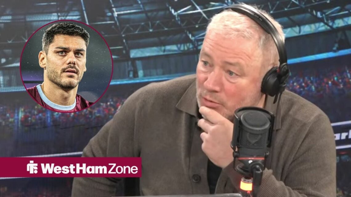 Ally McCoist speaking on talkSPORT looking towards a circle inset of Konstantinos Mavropanos warming up for West Ham