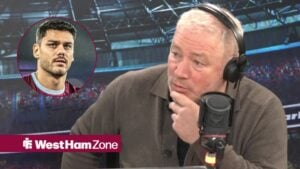 Ally McCoist speaking on talkSPORT looking towards a circle inset of Konstantinos Mavropanos warming up for West Ham