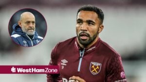 Callum Wilson looking ahead for West Ham with Nuno Espirito Santo in circular inset