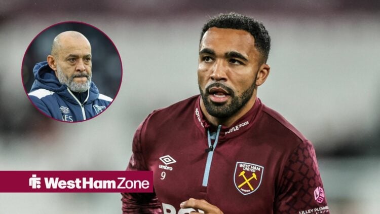 Callum Wilson looking ahead for West Ham with Nuno Espirito Santo in circular inset