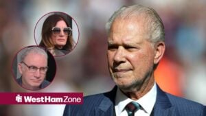 Former West Ham owner, David Gold, looking in the direction of Baroness and former West Ham CEO, Karren Brady, and financial expert, Kieran Maguire.