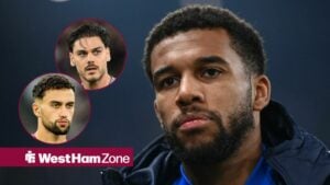 Isak Hien looking in the direction of West Ham defenders Max Kilman and Konstantinos Mavropanos.