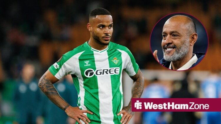 Natan in action for Real Betis as West Ham manager Nuno looks on from circular inset