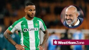 Real Betis defender Natan is pictured with his hands on his hips, alongside a circular inset of a smiling Nuno Espirito Santo (right)