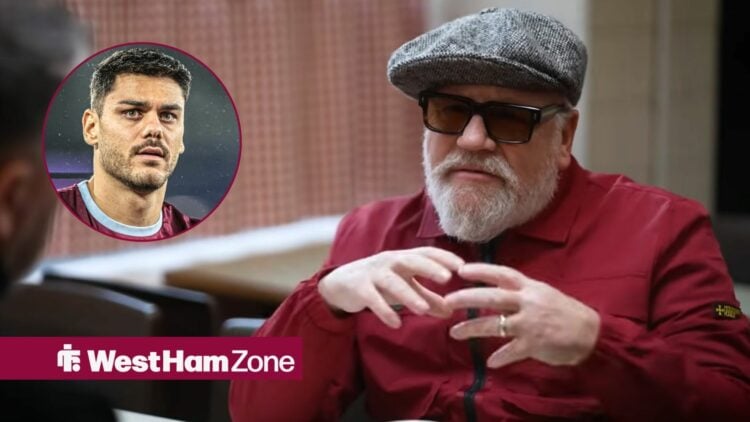 Ray Winstone talking looking towards a circle inset of Konstantinos Mavropanos playing for West Ham