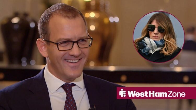 West Ham co-owner Daniel Kretinsky smiles alongside a circular inset of a glum-looking Karren Brady (right)