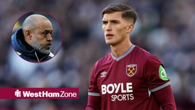 West Ham midfielder Freddie Potts looks on during a match, alongside a circular inset of Nuno Espirito Santo blowing air into his cheeks (top left)