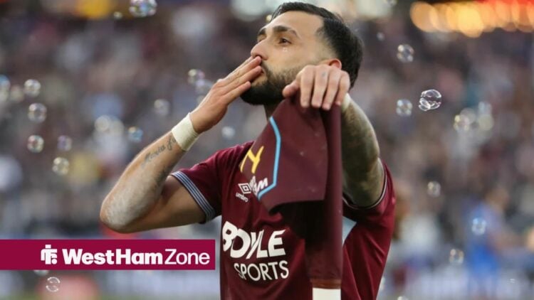 West Ham United versus Leeds United Taty Castellanos of West Ham United celebrates his goal in the 91st minute in extra time before the goal was ov...