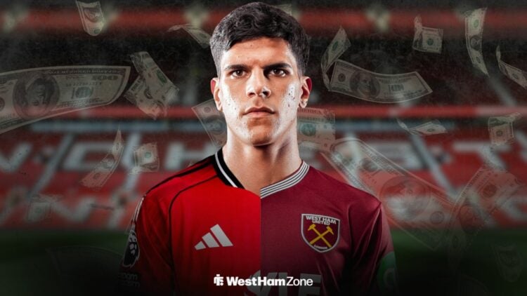 Mateus Fernandes in a half Manchester United and half West Ham United shirt at Old Trafford