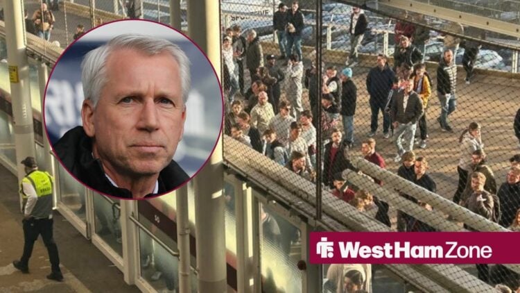 Alan Pardew looks on (inset), as West Ham fans try to get back into London Stadium