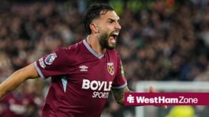 Taty Castellanos of West Ham United celebrating his goal to make it 3-0 during the West Ham United v Wolverhampton Wanderers Premier League match at the London Stadium