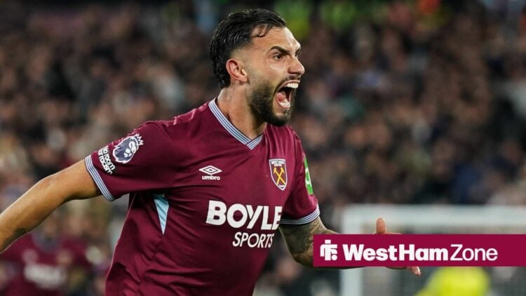 Taty Castellanos of West Ham United celebrating his goal to make it 3-0 during the West Ham United v Wolverhampton Wanderers Premier League match a...