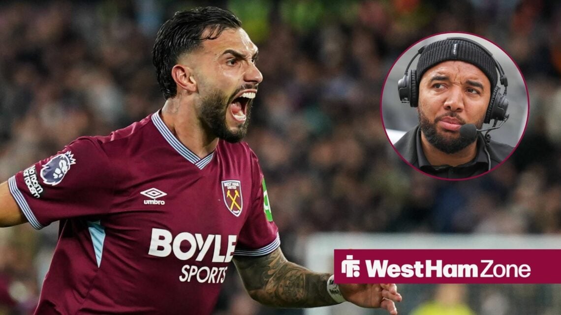 Taty Castellanos of West Ham United celebrating his goal to make it 3-0 during the West Ham United v Wolverhampton Wanderers Premier League match a...