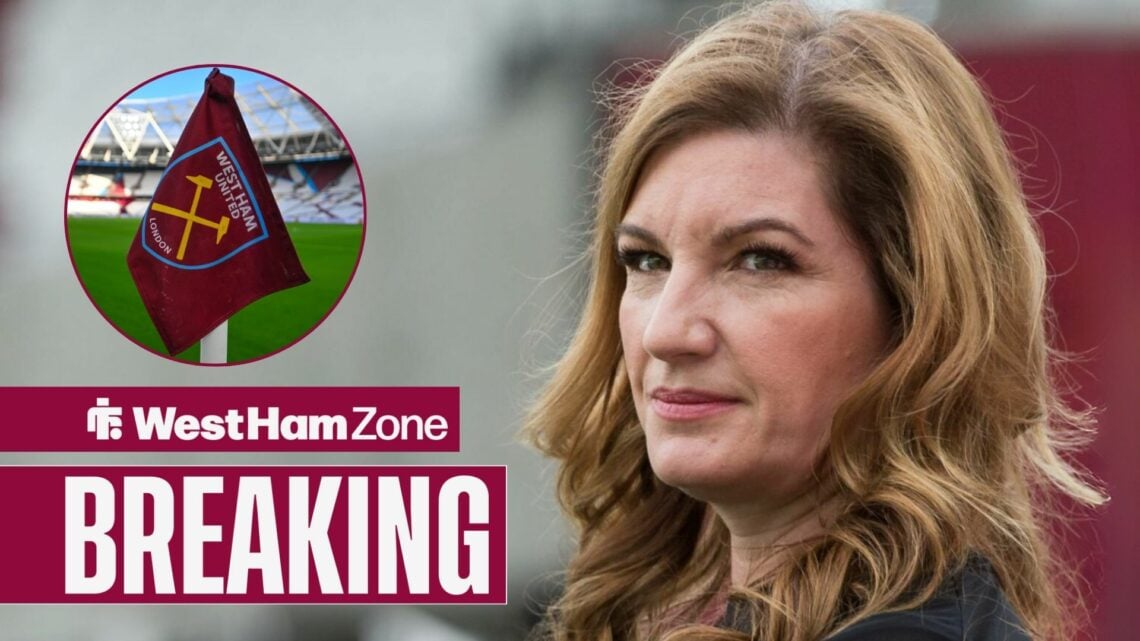 Karren Brady at the London Stadium looking towards a circle inset of the West Ham flag