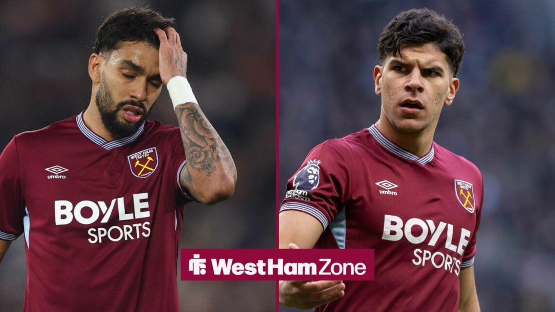 Lucas Paqueta runs his hand through his hair during a West Ham match (left), alongside a shot of Mateus Fernandes with a stony expression (right)