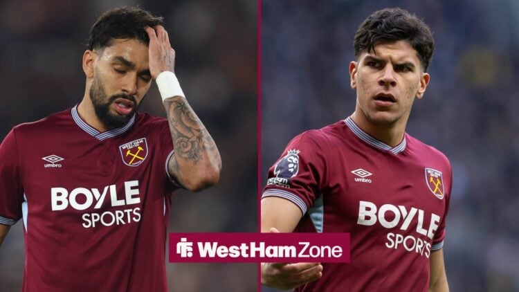 Lucas Paqueta runs his hand through his hair during a West Ham match (left), alongside a shot of Mateus Fernandes with a stony expression (right)