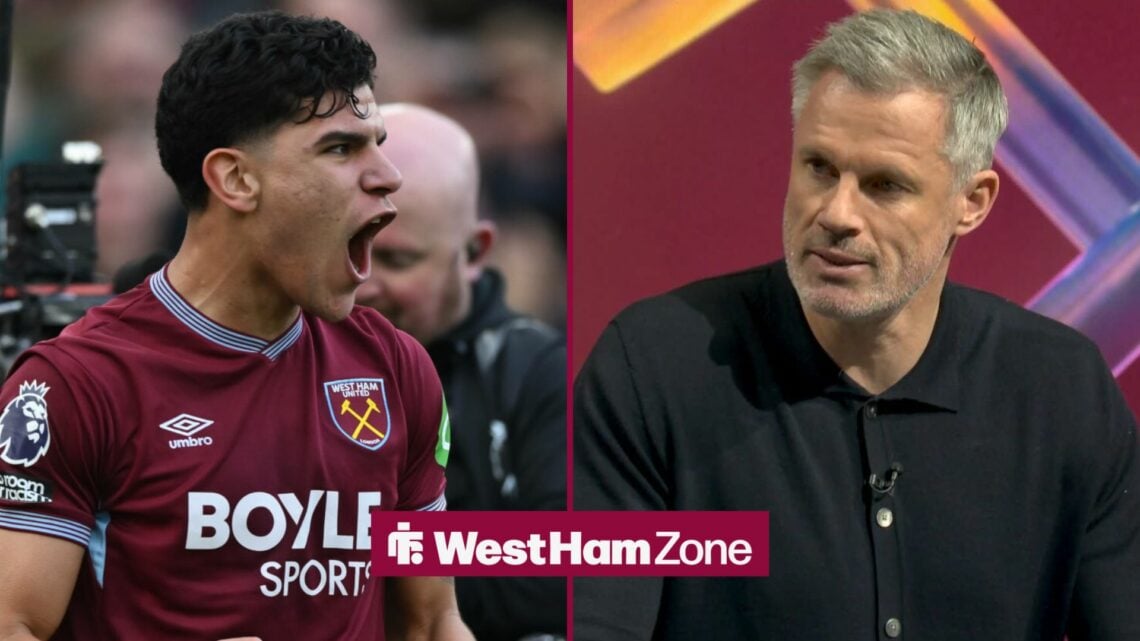 Mateus Fernandes celebrating for West Ham looking towards Jamie Carragher speaking on Sky Sports