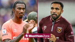 Haji Wright of Coventry City looking in the direction of West Ham striker, Callum Wilson.