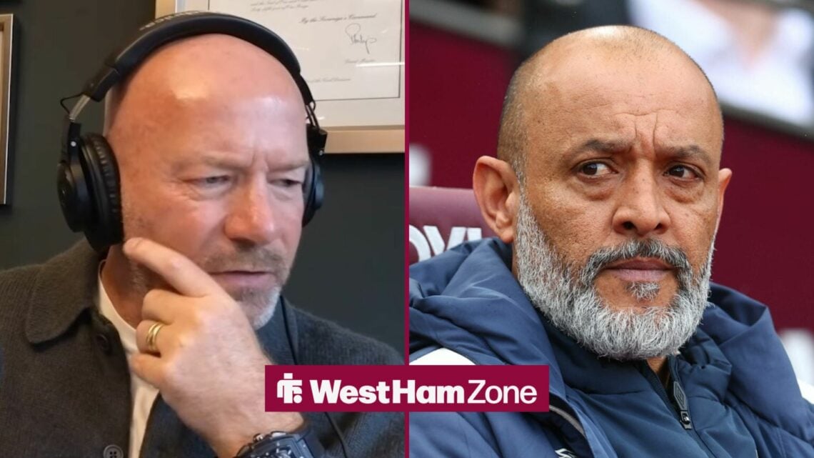 Alan Shearer looking at West Ham United boss, Nuno Espirito Santo, who is sitting in the dugout at the London Stadium.