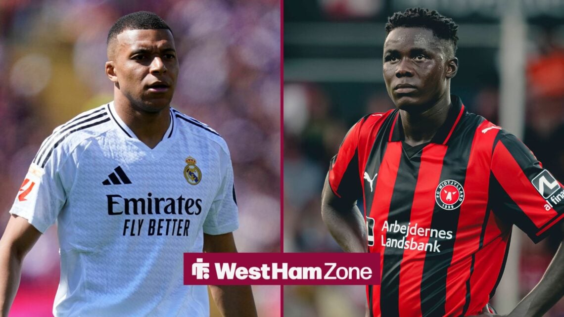 Kylian Mbappe on the left in action for Real Madrid with Franculino Dju on the right for midtjylland