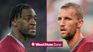 West Ham duo Axel Disasi and Tomas Soucek in a 50:50 split image looking at each other.