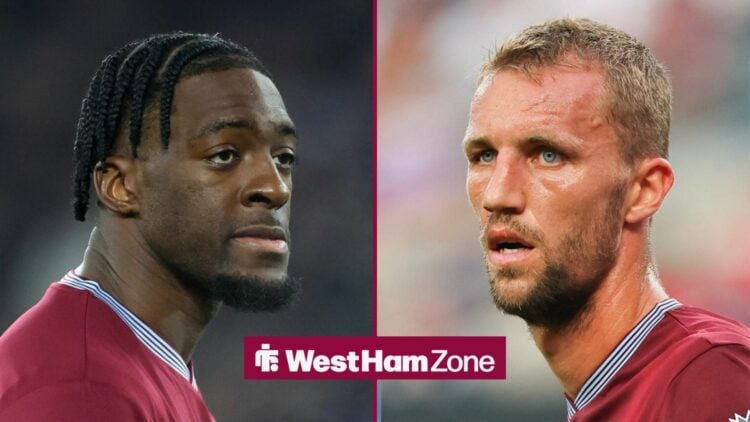 West Ham duo Axel Disasi and Tomas Soucek in a 50:50 split image looking at each other.